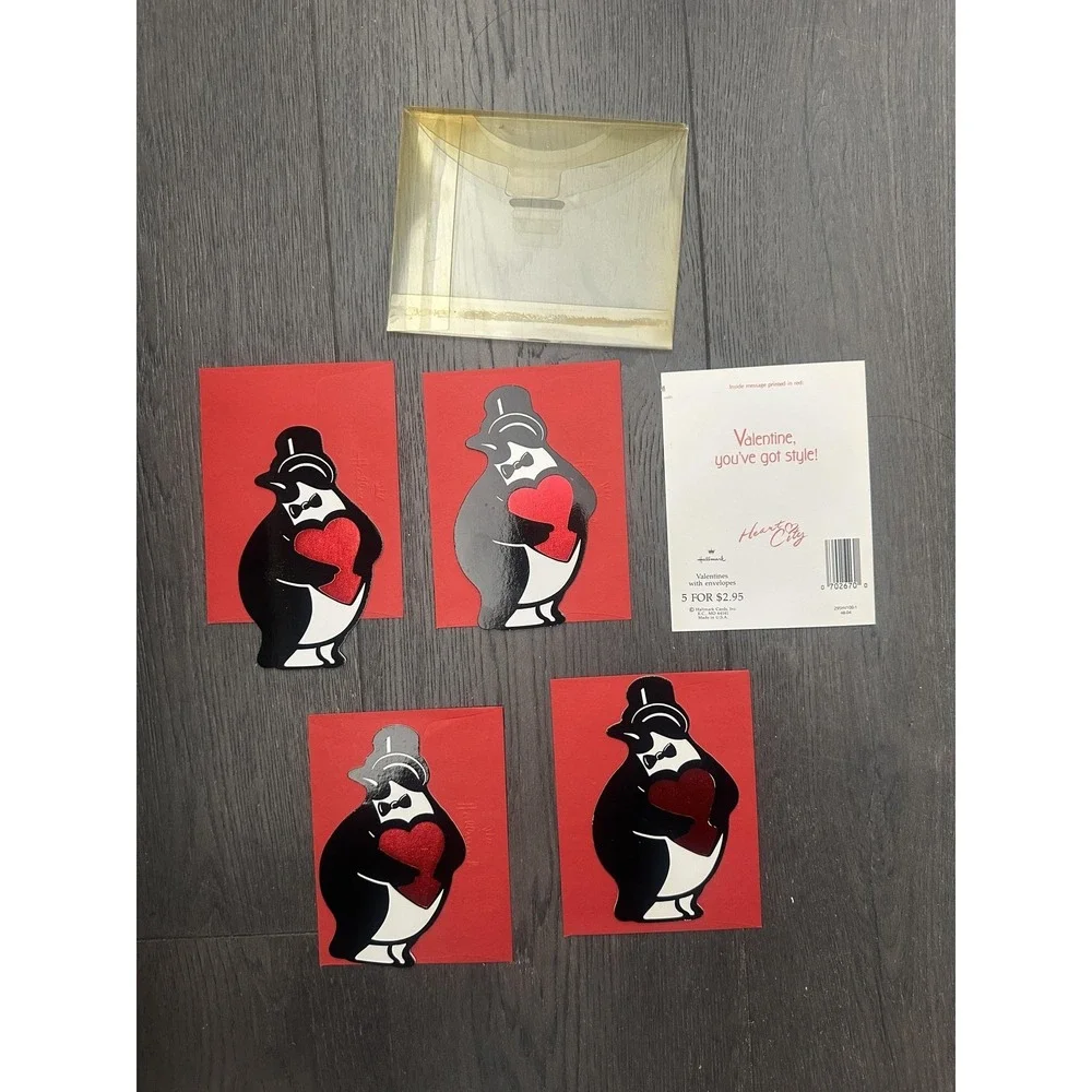 VTG 1980s Hallmark‎ Heart City Penguin Valentines 4 Cards Envelopes Red Die Cut